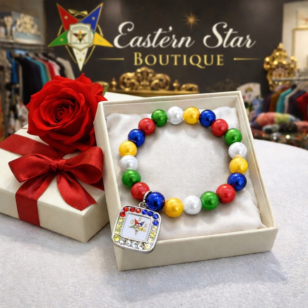 OES Eastern Star‎ Bracelet Multicolor Pearls with Rhinestone Logo Charm